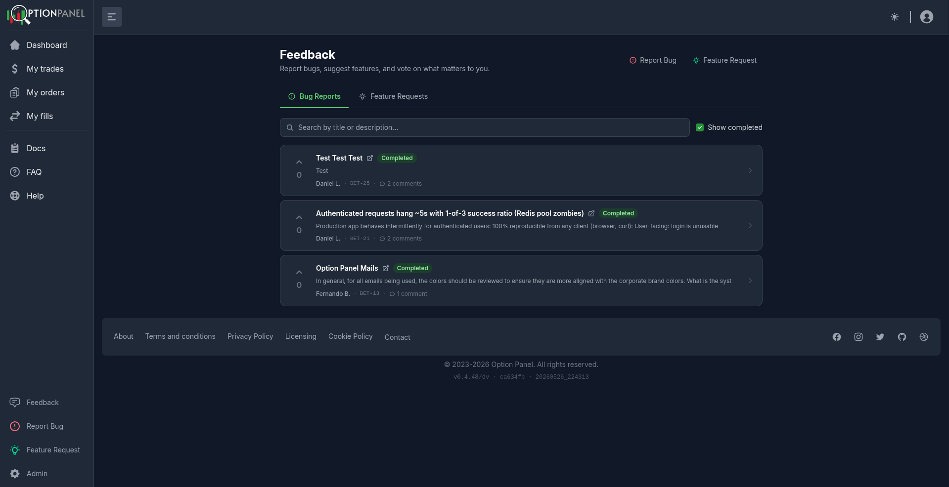 The Feedback page listing existing bug reports and feature requests with their status, comment counts, and vote counts.