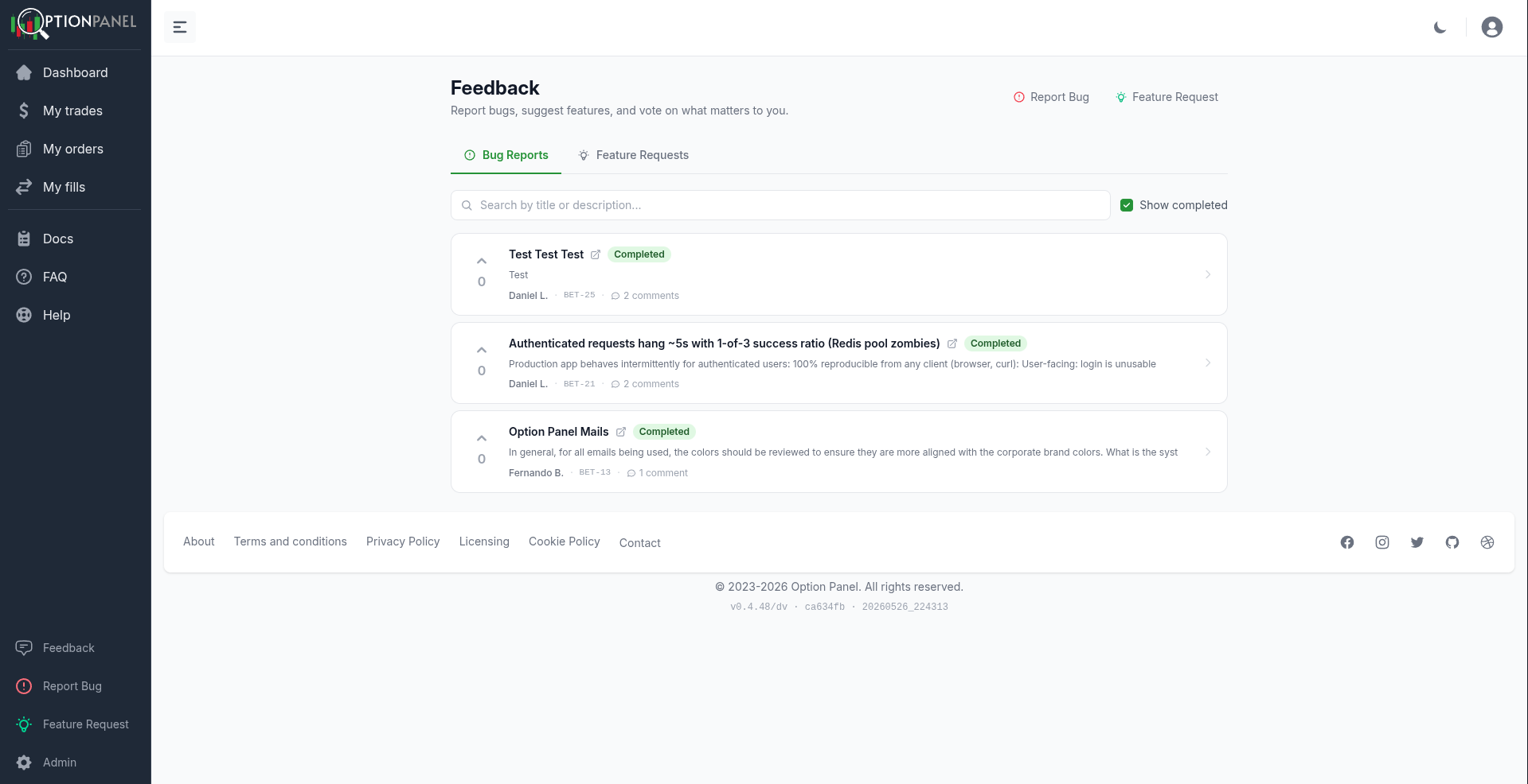 The Feedback page listing existing bug reports and feature requests with their status, comment counts, and vote counts.