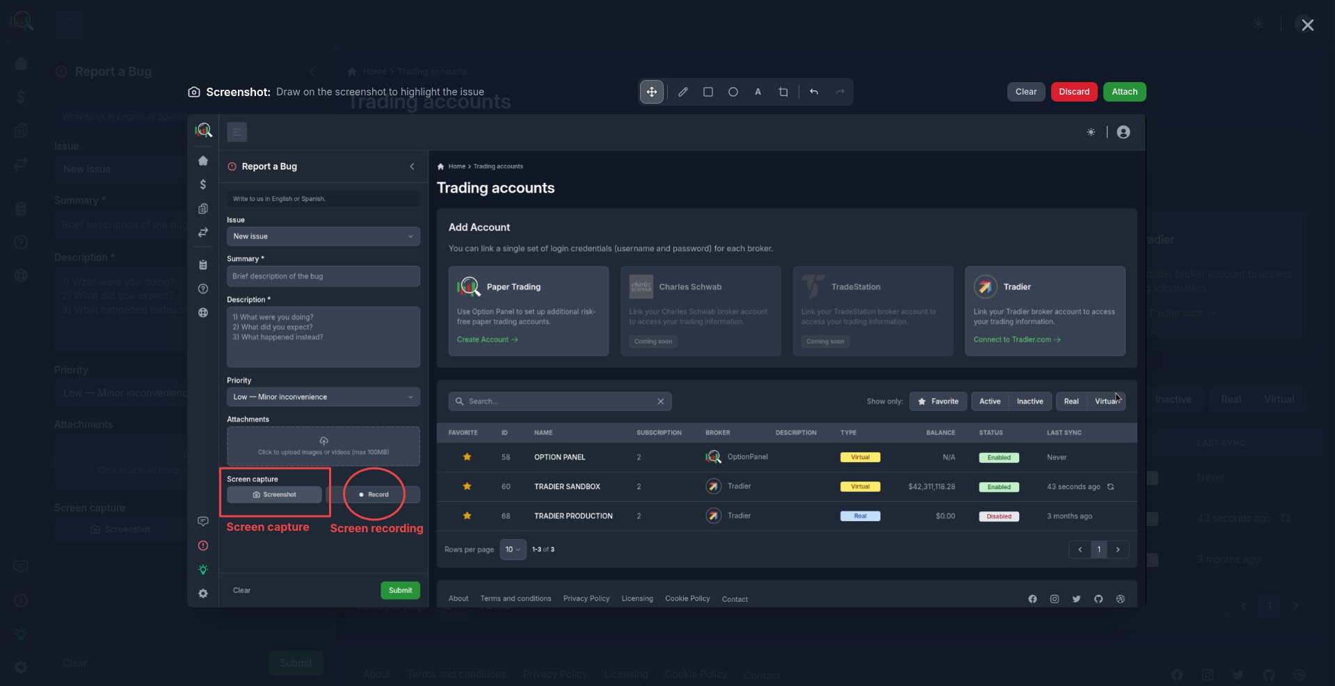 Built-in capture controls inside the bug form: a Screenshot button with an annotation toolbar, and a Record button for short screen recordings.